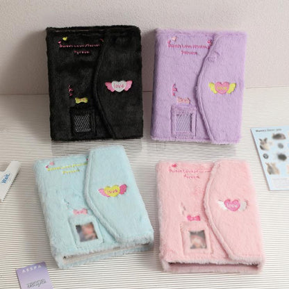 Hisocute Embroidered Plush Six Hole Magnetic Album A5 Card Album Binder Student Storage Booklet(Black Cover)