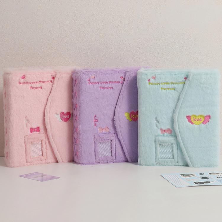 Hisocute Embroidered Plush Six Hole Magnetic Album A5 Card Album Binder Student Storage Booklet(Blue Cover)