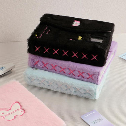Hisocute Embroidered Plush Six Hole Magnetic Album A5 Card Album Binder Student Storage Booklet(Black Cover)