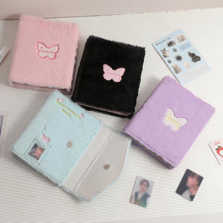Hisocute Embroidered Plush Six Hole Magnetic Album A5 Card Album Binder Student Storage Booklet(Black Cover)