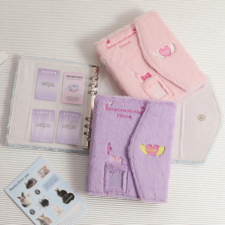 Hisocute Embroidered Plush Six Hole Magnetic Album A5 Card Album Binder Student Storage Booklet(Black Cover)