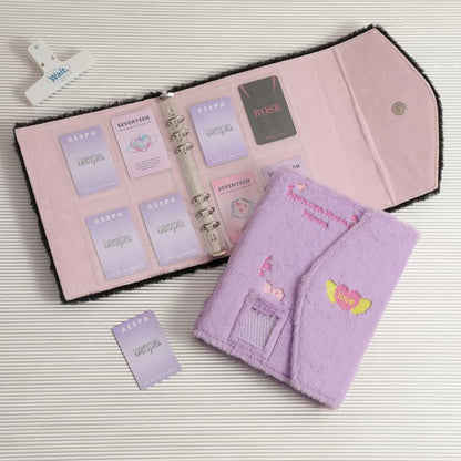 Hisocute Embroidered Plush Six Hole Magnetic Album A5 Card Album Binder Student Storage Booklet(Blue Cover)