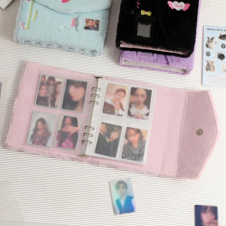 Hisocute Embroidered Plush Six Hole Magnetic Album A5 Card Album Binder Student Storage Booklet(Blue Cover)