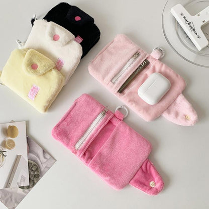 Hisocute Student Plush Pendant Coin Purse Snap Card Case Keychain Earphone Bag(Pink)