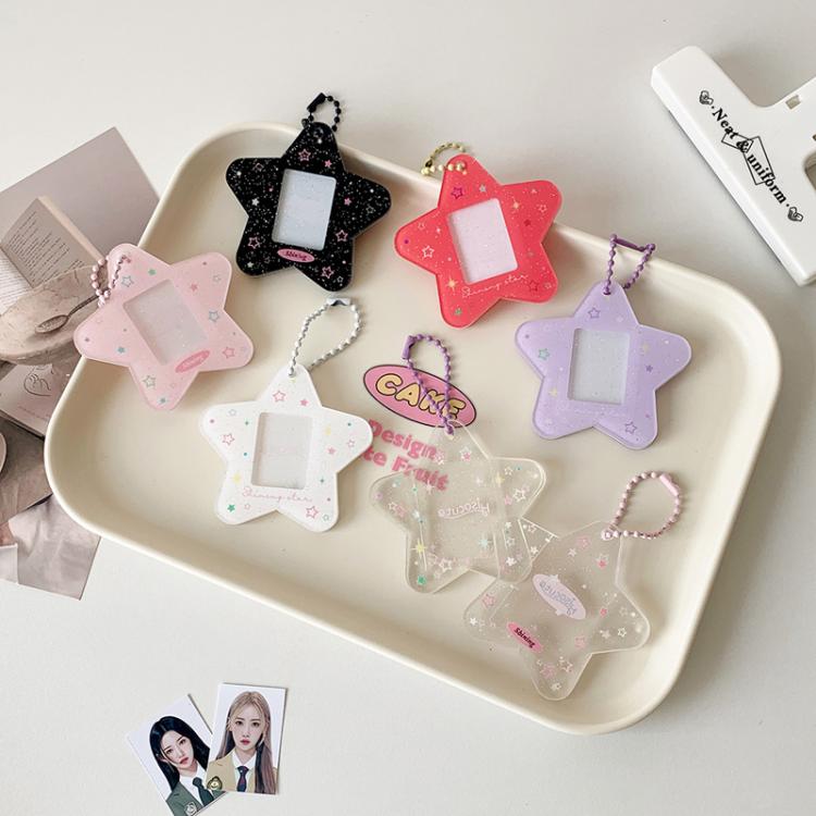 Hisocute Cartoon Pentagram 1 Inch Photo Frame Pendant Students Keychain Chasing Star Card Holder Pendant(Black Stars)