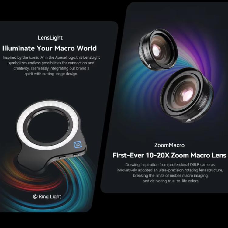 APEXEL Objectif macro zoom 10-20x avec kit de lumière d'appoint 45 modes pour smartphones