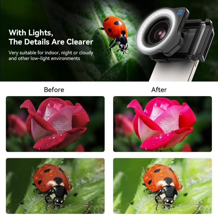 APEXEL Objectif macro zoom 10-20x avec kit de lumière d'appoint 45 modes pour smartphones
