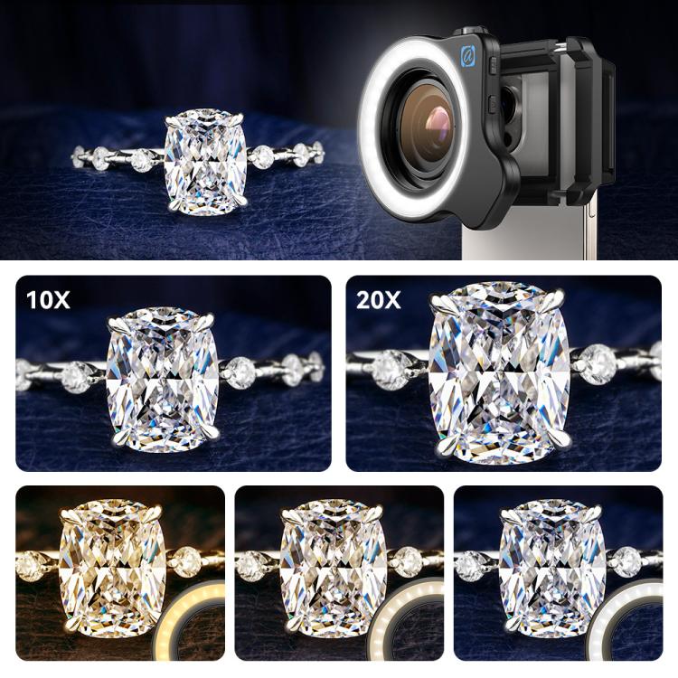 APEXEL Objectif macro zoom 10-20x avec kit de lumière d'appoint 45 modes pour smartphones