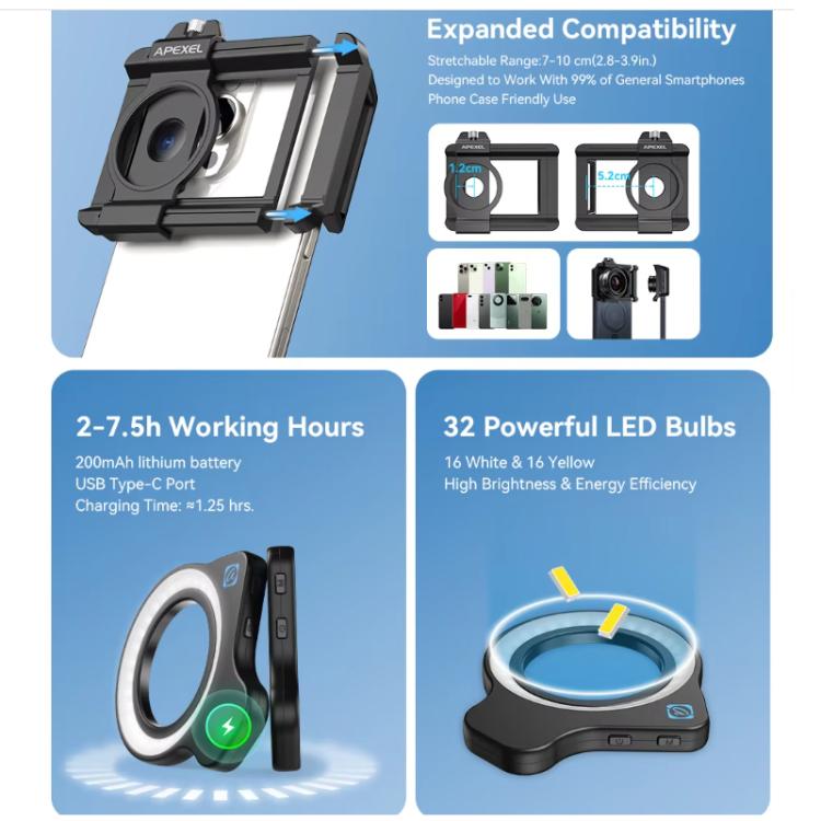APEXEL Objectif macro zoom 10-20x avec kit de lumière d'appoint 45 modes pour smartphones