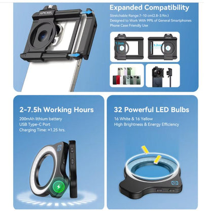 APEXEL Objectif macro zoom 10-20x avec kit de lumière d'appoint 45 modes pour smartphones