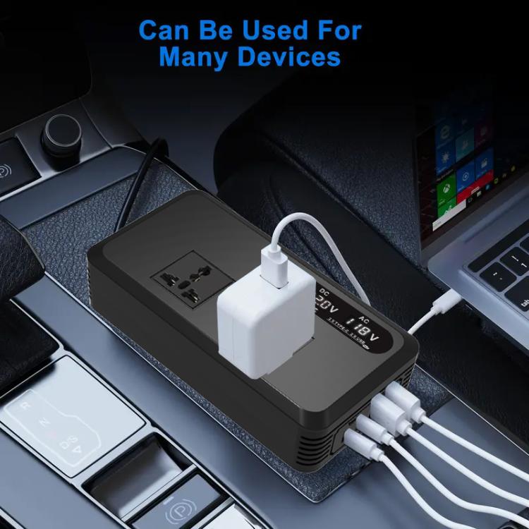 Gurxun Dual Digital Display Car Inverter With 2 USB+2 Type-C Ports Universal Plug 220V