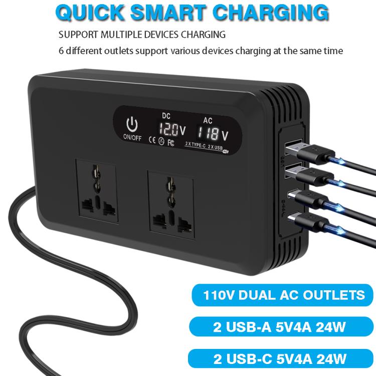 Gurxun Dual Digital Display Car Inverter With 2 USB+2 Type-C Ports Universal Plug 220V