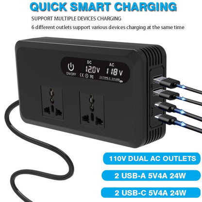 Gurxun Dual Digital Display Car Inverter With 2 USB+2 Type-C Ports Universal Plug 220V
