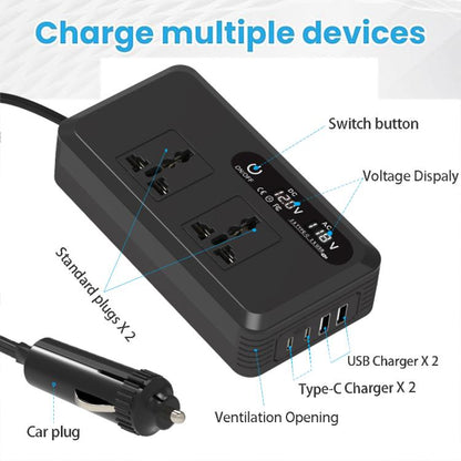 Gurxun Dual Digital Display Car Inverter With 2 USB+2 Type-C Ports Universal Plug 220V