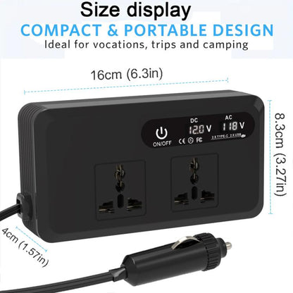 Gurxun Dual Digital Display Car Inverter With 2 USB+2 Type-C Ports Universal Plug 220V