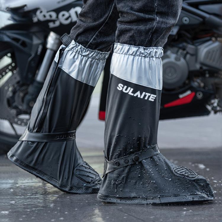 SULAITE Motorcycle Shoe Cover Thickened Anti-slip Wear-resistant Rain Shoes Outdoor Riding Adult Rain Boots, Size: L(Black Silver)
