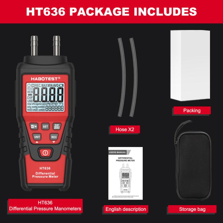 HABOTEST HT636 Highly Precision Differential Pressure Gauge Digital Micropressure Tester
