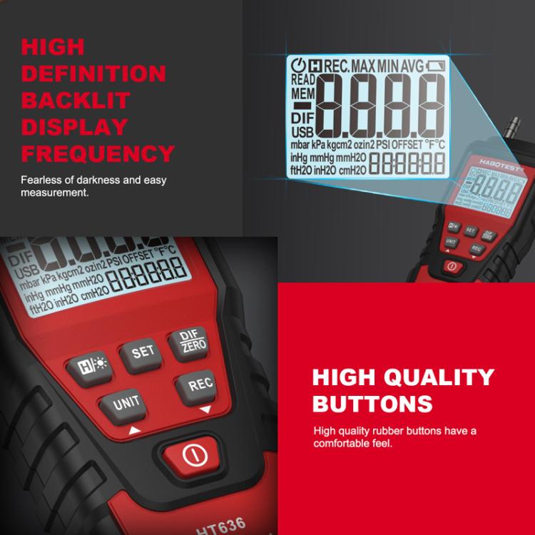 HABOTEST HT636 Highly Precision Differential Pressure Gauge Digital Micropressure Tester