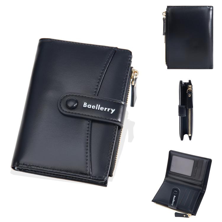 Baellerry N3256 Women Short Wallet Simple Bifold Zipper Coin Purse Soft Leather Buckle Money Clip(Black)