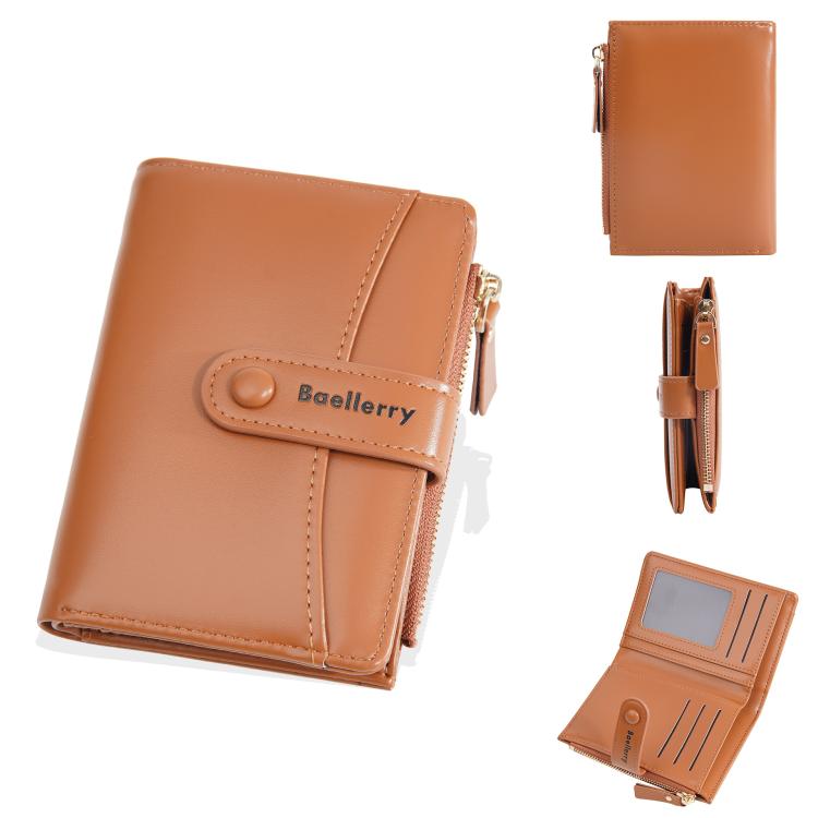 Baellerry N3256 Women Short Wallet Simple Bifold Zipper Coin Purse Soft Leather Buckle Money Clip(Brown)