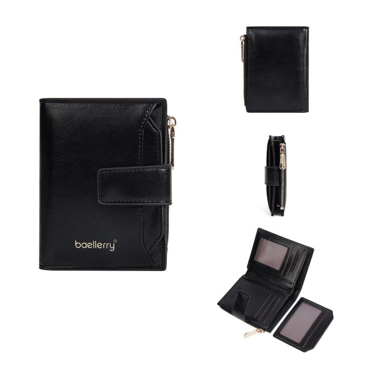 Portefeuille court Baellerry N5122 pour femmes, en cuir huilé, avec fermeture éclair et porte-monnaie (noir)