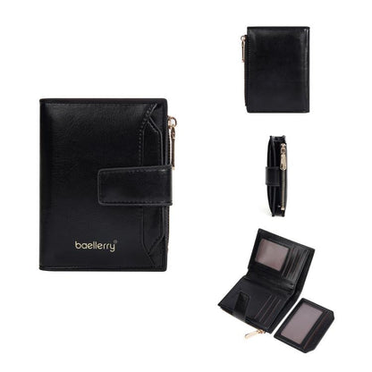 Portefeuille court Baellerry N5122 pour femmes, en cuir huilé, avec fermeture éclair et porte-monnaie (noir)