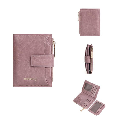 Baellerry N5122 Women Short Wallet Oil Waxed Leather Zipper Clasp Coin Purse(Pink)