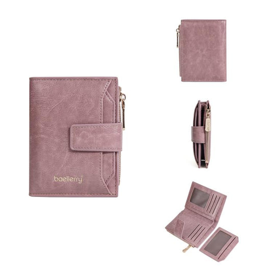 Baellerry N5122 Portefeuille court pour femme en cuir ciré à fermeture éclair (rose)