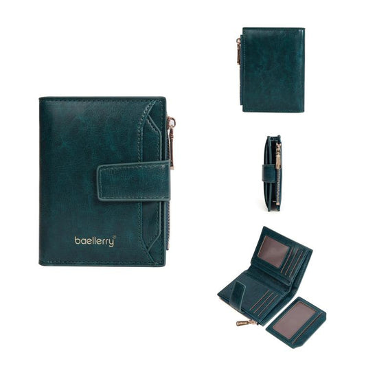 Baellerry N5122 Portefeuille Court Femme Cuir Ciré Fermeture Éclair Porte-Monnaie (Vert)
