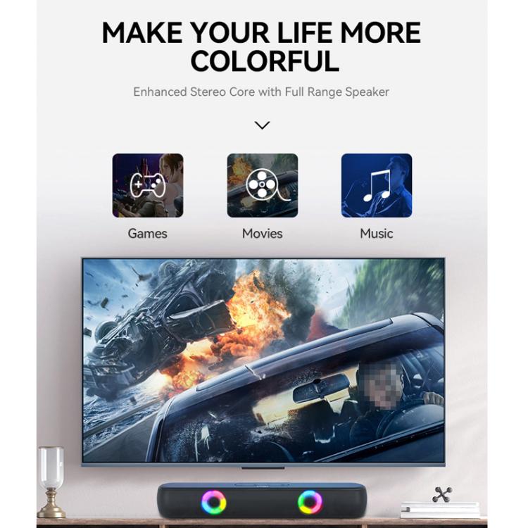 Enceinte Bluetooth 5.0 TWS RGB T-WOLF B320 Barre de son de bureau Caisson de basses Support USB / AUX / TF / FM (Noir)