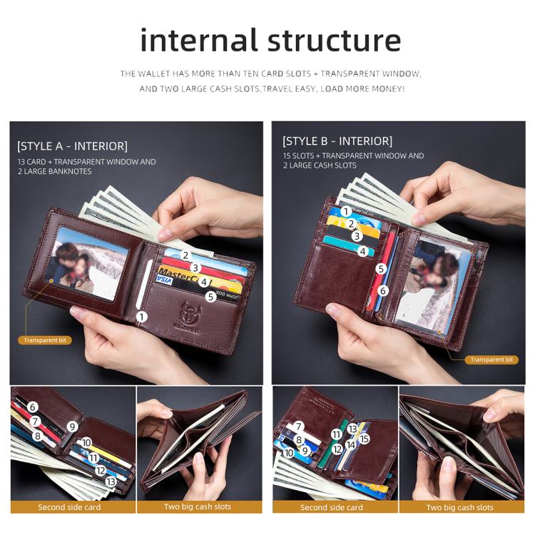 BULL CAPTAIN 0203 RFID Anti-theft Top-layer Cowhide Multiple Card Slots Wallet(Coffee Horizontal)
