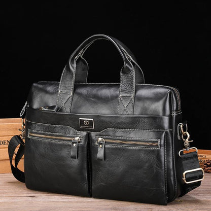 BULL CAPTAIN 056 Large Capacity Top Layer Cowhide Retro Business Hand-Held Briefcase(Black Metal)
