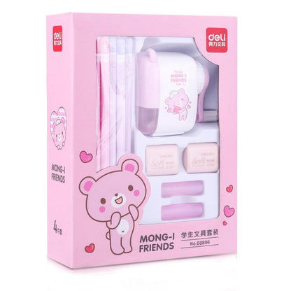 Deli 68896 Student Stationery Gift Box Set Includes 12 Pencils + 2 Erasers + 1 Pencil Sharpener + 2 Pencil Grips(Pink)