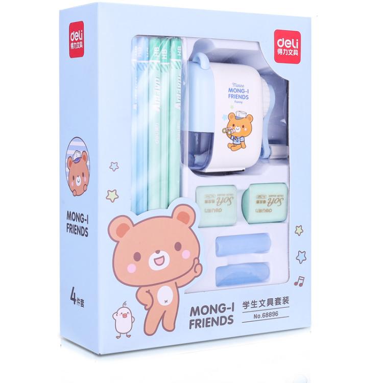 Deli 68896 Student Stationery Gift Box Set Includes 12 Pencils + 2 Erasers + 1 Pencil Sharpener + 2 Pencil Grips(Blue)