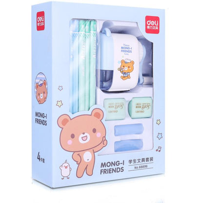 Deli 68896 Student Stationery Gift Box Set Includes 12 Pencils + 2 Erasers + 1 Pencil Sharpener + 2 Pencil Grips(Blue)