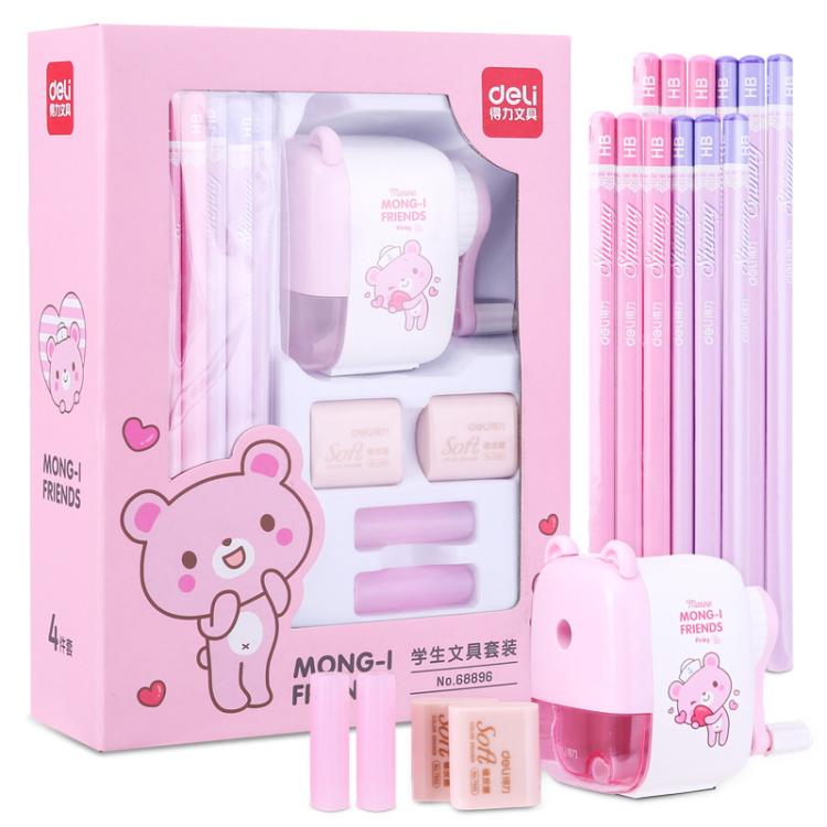 Deli 68896 Student Stationery Gift Box Set Includes 12 Pencils + 2 Erasers + 1 Pencil Sharpener + 2 Pencil Grips(Pink)
