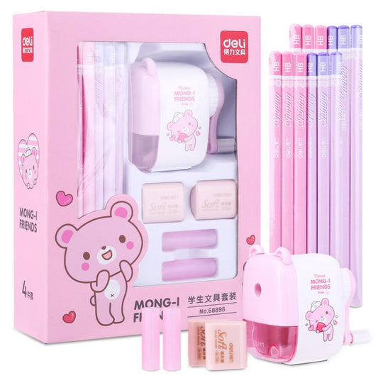 Deli 68896 Student Stationery Gift Box Set Includes 12 Pencils + 2 Erasers + 1 Pencil Sharpener + 2 Pencil Grips(Pink)