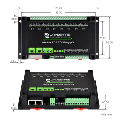 Waveshare Industrial Dual Ethernet Ports 8-ch Relay Module(C), PoE Power Supply(30544)