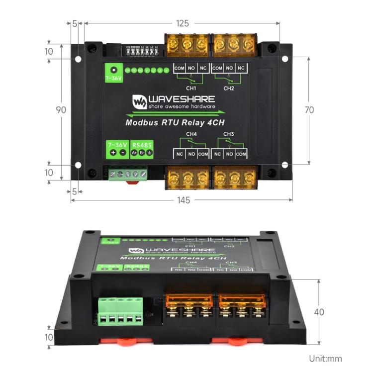 Waveshare Guide-Type 4-Way RS485 High-Current Relay Module, Modbus RTU Protocol(30461)