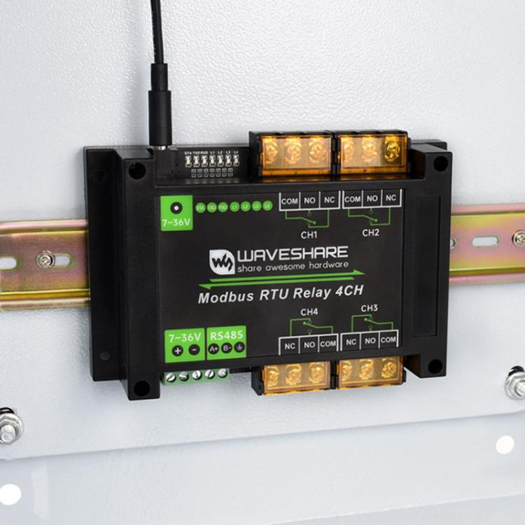 Waveshare Guide-Type 4-Way RS485 High-Current Relay Module, Modbus RTU Protocol(30461)