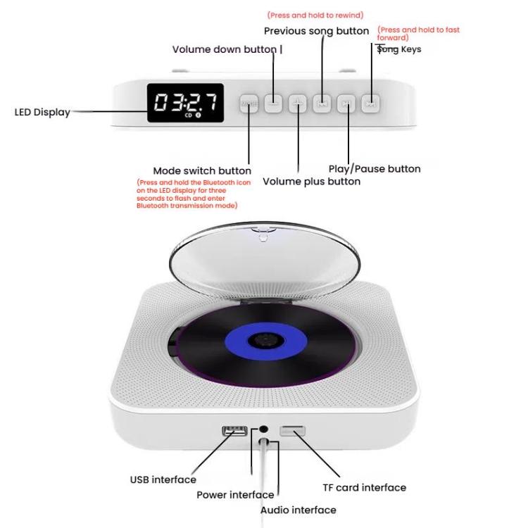 Kecag KC-807 Wall-mounted Home Retro Bluetooth CD Player, Spec: UK Plug(White)