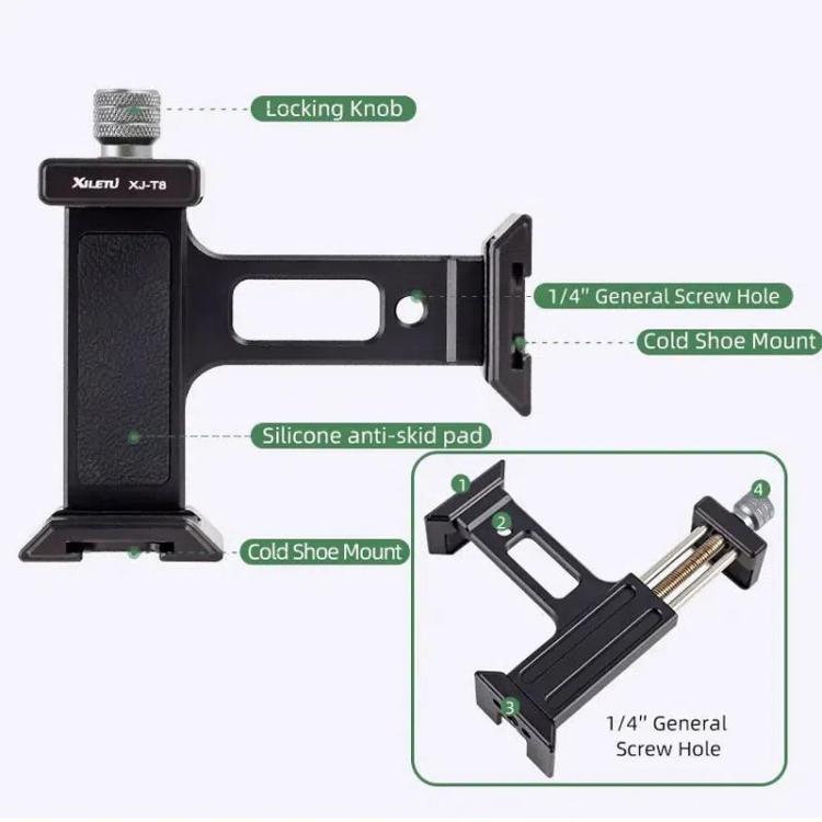 XILETU XJ-T8 Pince de support de téléphone en métal avec griffe froide, trou de vis 1/4 pouce et base compatible Arca-Swiss (gris)