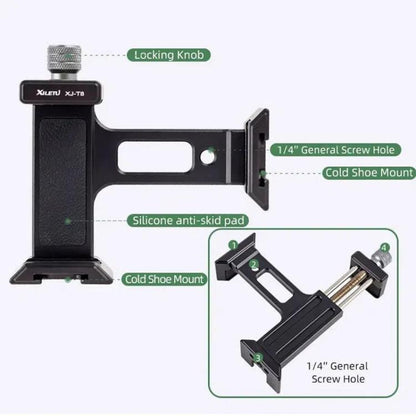 XILETU XJ-T8 Pince de support de téléphone en métal avec griffe froide, trou de vis 1/4 pouce et base compatible Arca-Swiss (gris)