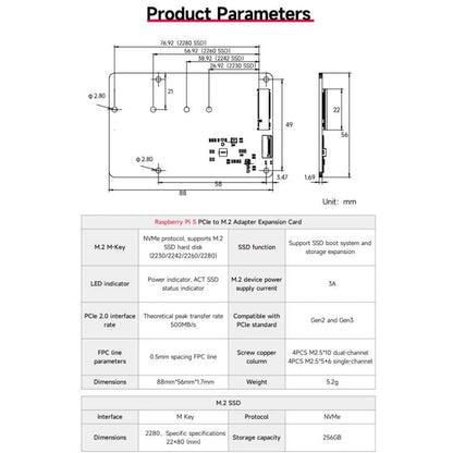 Yahboom PCIe To M.2 Adapter Expansion Board For Raspberry Pi 5 NVMe Expansion Board, Spec:  Board + 256G SSD