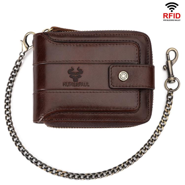 HUMERPAUL BP735 Leather Horizontal Zipper Wallet Multiple Card Slots RFID Anti-Theft Protection Men Purse(Brown)