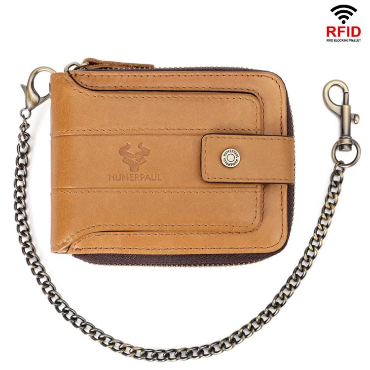 HUMERPAUL BP735 Leather Horizontal Zipper Wallet Multiple Card Slots RFID Anti-Theft Protection Men Purse(Light Brown)