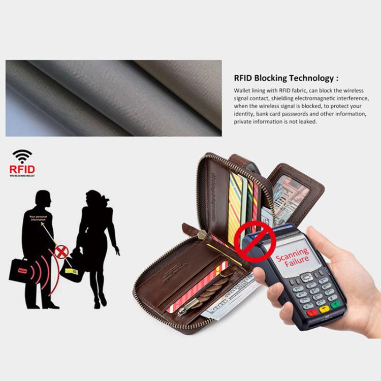 HUMERPAUL BP735 Leather Horizontal Zipper Wallet Multiple Card Slots RFID Anti-Theft Protection Men Purse(Brown)