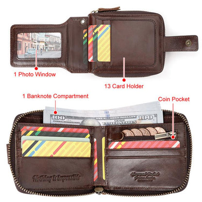 HUMERPAUL BP735 Leather Horizontal Zipper Wallet Multiple Card Slots RFID Anti-Theft Protection Men Purse(Brown)