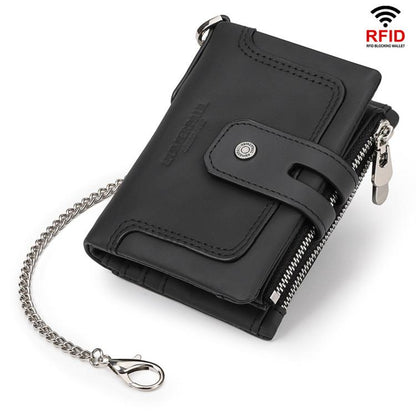 HUMERPAUL BP778 Portefeuille court en cuir RFID à trois volets avec double fermeture éclair (noir)