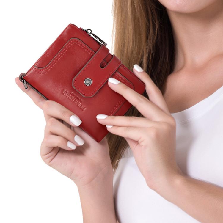 HUMERPAUL BP778 Short Leather Wallet RFID Tri-fold Double Zipper Coin Purse(Red)
